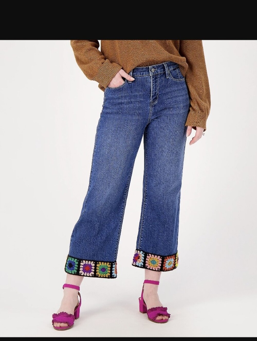 Laurie Felt Blue Cropped Flare Jeans with Multicolor Crochet Cuff Sz.14